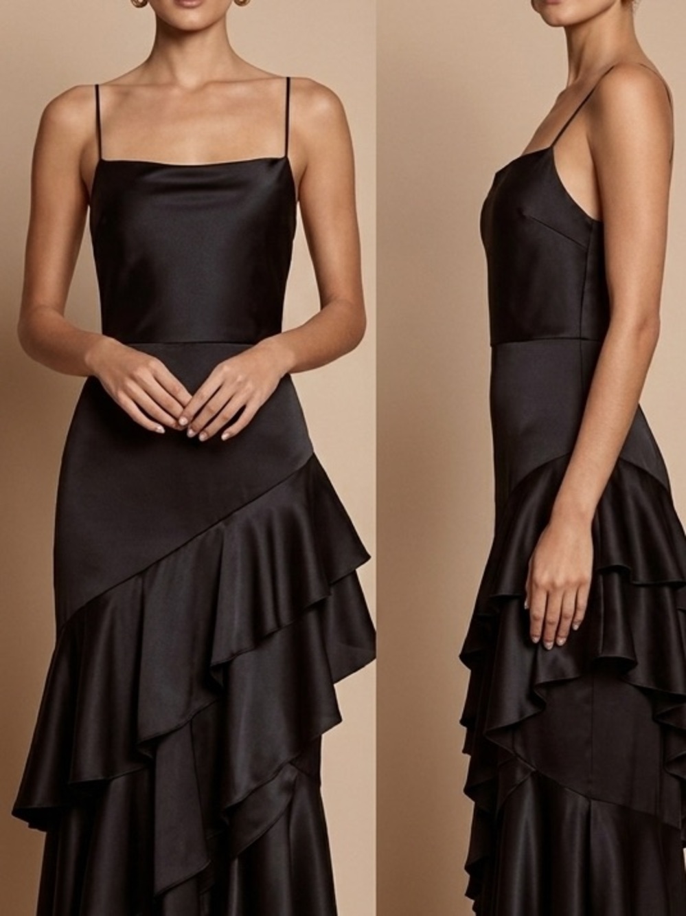 Betsy & Adam Maxi Gown Dress 6 Black Satin Ruffled Square Neck Straps Elegant